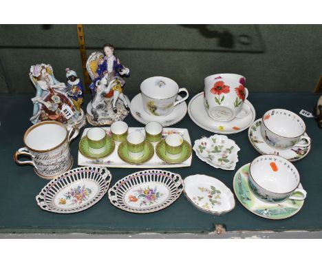 A COLLECTION OF CERAMICS, to include a pair of hand painted Vienna porcelain figure groups (male figure has been broken aroun