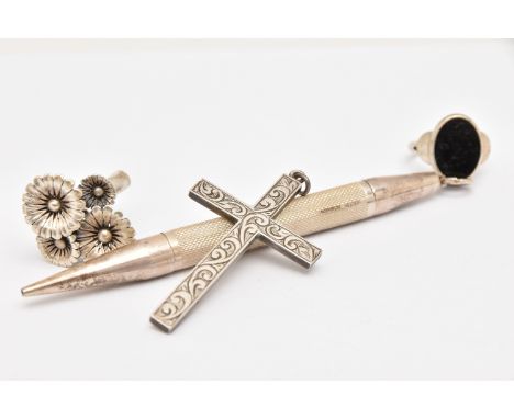 A SILVER PROPELLING PENCIL, TWO RINGS AND A CROSS PENDANT, the pencil with an engine turned pattern and engraved cartouche, f