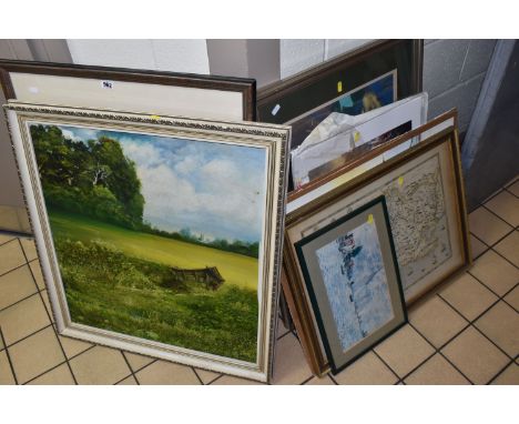 A QUANTITY OF MODERN LATER 20TH CENTURY PICTURES AND PRINTS ETC, to include a June Stapleton unframed mixed media landscape, 