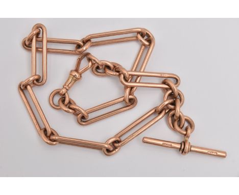 A ROSE METAL FETTER ALBERT CHAIN, each link stamped 9.375, fitted with a lobster clasp and T-bar also stamped 9.375, makers m