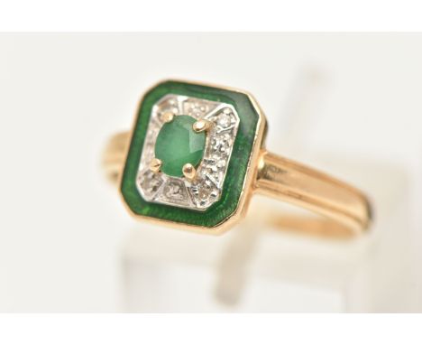 A 14CT GOLD EMERALD AND DIAMOND RING, designed with a central oval cut emerald, four claw set within a surround of four singl
