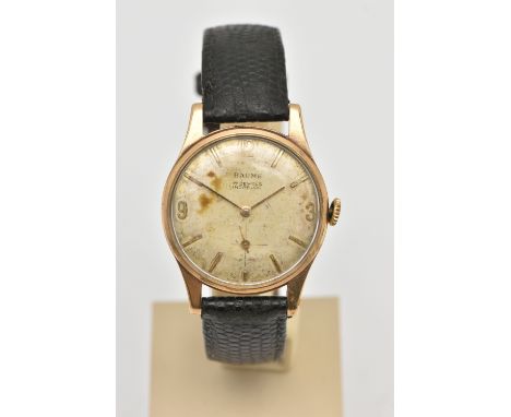 A GENTS 9CT GOLD 'BAUME' WRISTWATCH, manual wind, round discoloured silver dial signed 'Baume', Arabic numeral twelve, three 
