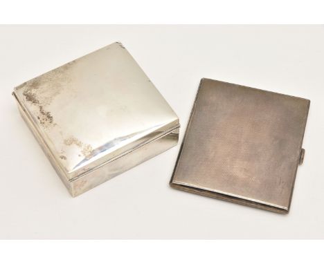 A SILVER CIGARETTE CASE AND CIGARETTE BOX, rectangular form cigarette case with engine turned pattern, push button clasp, gil