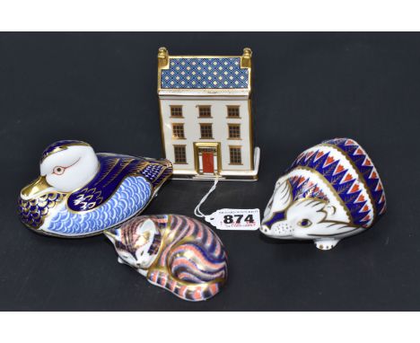 FOUR ROYAL CROWN DERBY PAPERWEIGHTS, comprising Miniature Houses 'Georgian Townhouse' with integral ceramic stopper, Hedgehog