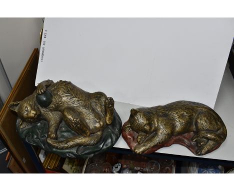 TWO MODERN COMPOSITE CAT SCULPTURES to include a bronzed effect sleeping cat on a red blanket, height 15cm x length 43cm (chi