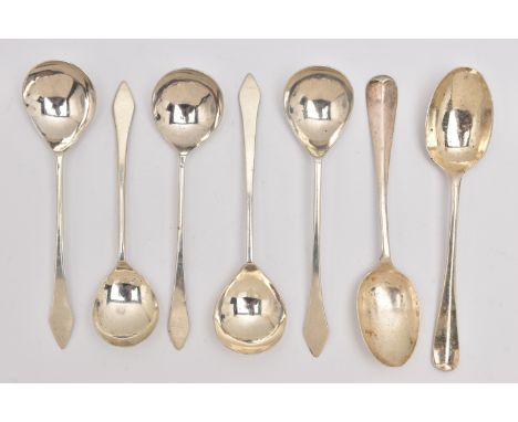 SEVEN SILVER TEASPOONS, to include a set of five rat tail teaspoons with pointed terminals, each hallmarked 'Norman Reginald 