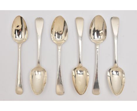 SIX GEORGIAN SILVER TABLESPOONS, Old English pattern, each with a full London hallmark, various makers, approximate gross wei