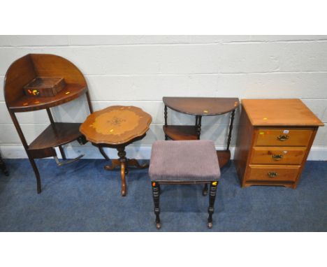 A MODERN PINE THREE DRAWER BEDSIDE, width 47cm x depth 39cm x height 65cm, a corner washstand, a tripod table, a demi-lune si
