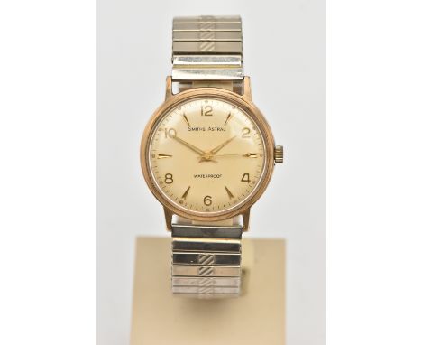 A GENTS 9CT GOLD 'SMITHS ASTRAL' WRISTWATCH, manual wind, round discoloured silver dial signed 'Smiths Astral, Waterproof', a