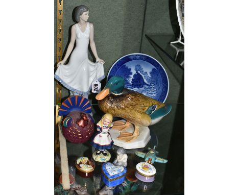 A GROUP OF CERAMICS AND ENAMEL TRINKET BOXES, ETC, comprising a Nao figure of a lady holding her skirt, height 31cm, a Beswic