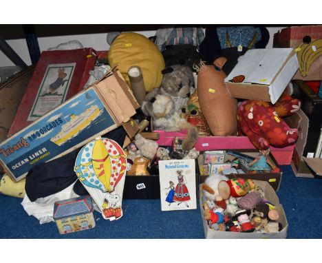 SIX BOXES AND LOOSE VINTAGE TOYS to include a boxed electric powered Triang RMS Orcades, a boxed Peter Rabbit Race Game, asso