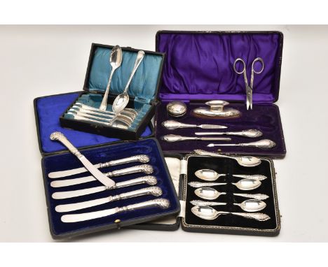 AN ASSORTMENT OF CASED SILVER ITEMS, to include a cased silver travel manicure set, hallmarked 'W J Myatt &amp; Co' Birmingha