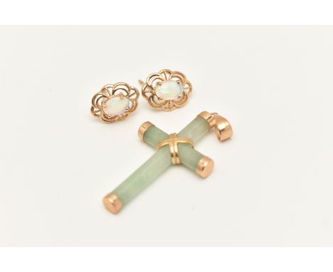 A 9CT GOLD JADE CROSS PENDANT AND A PAIR OF OPAL STUD EARRINGS, polished and carved jade cross with gold terminals and fitted
