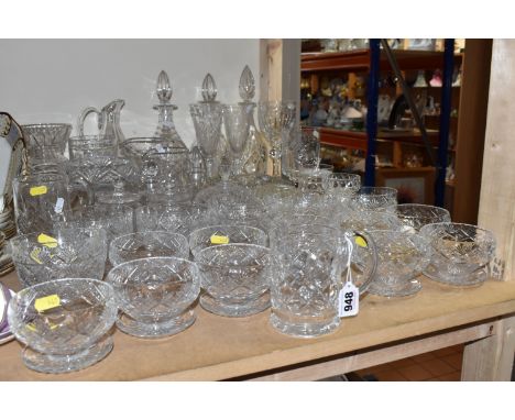 A COLLECTION OF CUT GLASSWARE, comprising a set of eleven Hillston grapefruit dishes and twelve matching dessert dishes, a cu