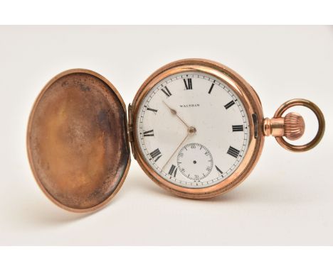A ROLLED GOLD FULL HUNTER POCKET WATCH, manual wind, round white dial signed 'Waltham', Roman numerals, subsidiary dial at th