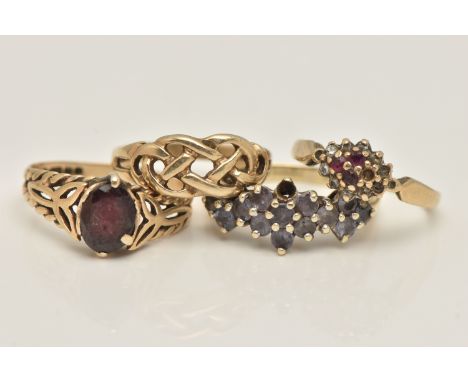 FOUR 9CT GOLD RINGS, the first a Celtic knot design ring, together with three gem set rings, each hallmarked 9ct, approximate