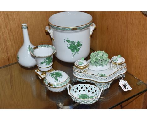 A COLLECTION OF HEREND PORCELAIN, in the 'Chinese Bouquet' pattern, comprising an ink stand, with dual ink wells and modelled
