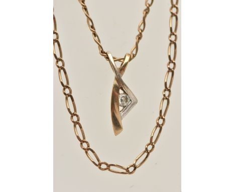 A 9CT GOLD CUBIC ZIRCONIA PENDANT AND CHAIN, the bi-colour pendant set with a circular cut cubic zirconia, hallmarked 9ct She