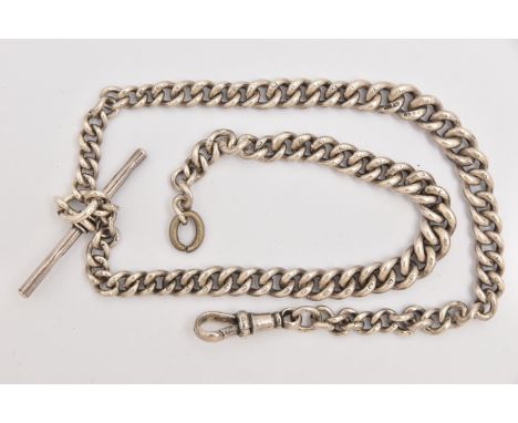 A SILVER DOUBLE ALBERT CHAIN, graduated curb link chain, fitted with a lobster clasp and T-bar, each link stamped with sterli