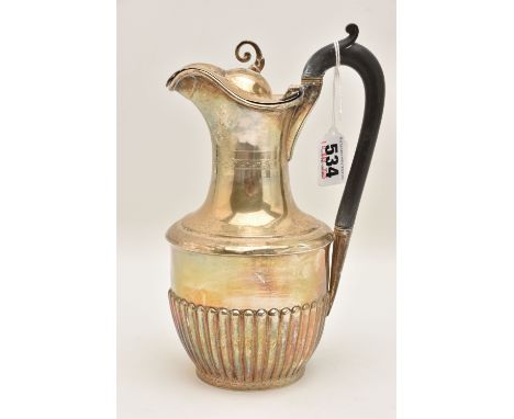 AN ELIZABETH II SILVER COFFEE POT, stop reeded pattern with textured rim, engraved initial to one side, hinged cover with scr