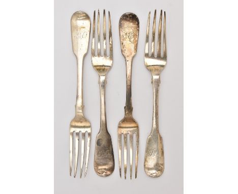 A SET OF FOUR VICTORIAN SILVER TABLE FORKS, fiddle pattern with engraved monogram, hallmarked 'Charles Shipway' London 1838, 