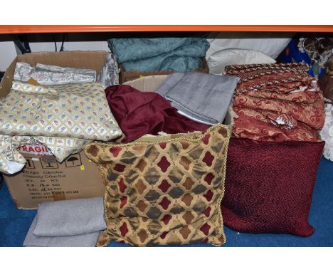 FOUR BOXES OF CURTAINS, FABRIC AND CUSHIONS, to include a large quantity of vintage cotton velvet burgundy coloured curtains,