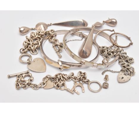 AN ASSORTMENT OF SILVER AND WHITE METAL JEWELLERY, to include a silver double curb link bracelet with a heart padlock clasp, 