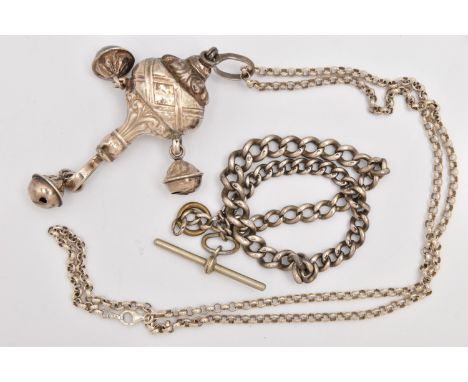 A SILVER BABY RATTLE WITH BELCHER CHAIN AND AN ALBERT CHAIN, the AF baby rattle fitted with three bells, and an oval bail for