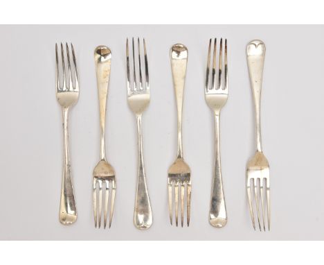 SIX SILVER TABLE FORKS, Old English pattern forks, two hallmarked 'Viners' Sheffield 1931, four Georgian forks with London ha