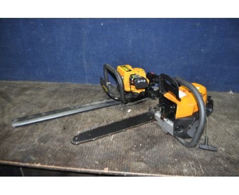 A PARTNER HG55-12 PETROL HEDGE TRIMMER and a California petrol chain saw (both engines pull freely but haven't been started) 