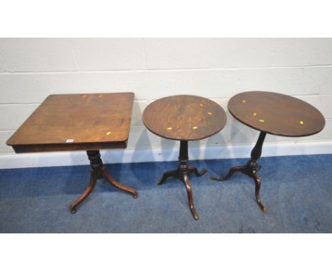 THREE TRIPOD TABLES, comprising a square top table, and two circular tables, largest table 61cm squared x height 71cm, condit