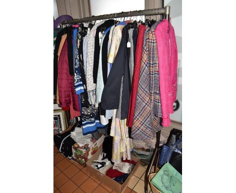 THREE BOXES AND LOOSE: A LARGE QUANTITY OF LADIES'  VINTAGE CLOTHING AND BAGS, to include over fifty items of ladies' suits, 