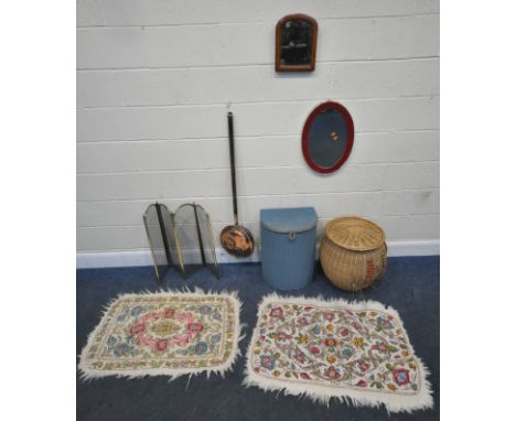 A SELECTION OF OCCASIONAL FURNITURE, to include a blue painted basket, a wicker basket, two small rugs, a copper bed pan, a s