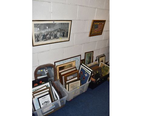 FOUR BOXES AND LOOSE ASSORTED PRINTS ETC, to include steam railway themed prints, landscapes, woollen tapestry pictures of fl