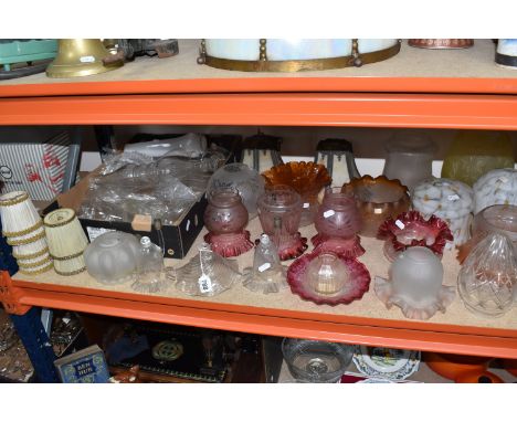 A BOX AND LOOSE OF MOSTLY GLASS LAMP SHADES comprising approximately thirty shades of various form, colour, and size, to incl