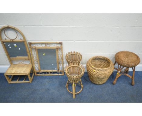 A SELECTION OF WICKER OCCASIONAL FURNITURE, to include a mirror with a shelf, another mirror, two plant stands, a basket, two