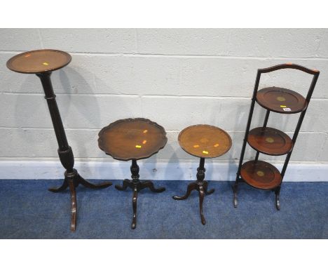 FOUR PIECES OF 20TH CENTURY MAHOGANY OCCASIONAL FURNITURE, to including a folding cake stand, with three dished tiers, height