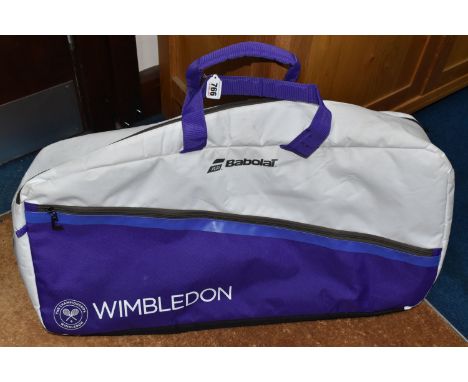 A BABOLAT 'WIMBLEDON' TENNIS CHAMPIONSHIP SPORTS DUFFLE BAG, white and purple, can hold up to six tennis rackets, can be worn