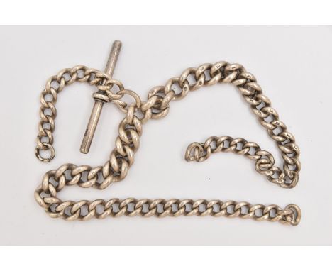 A SILVER DOUBLE ALBERT CHAIN, graduated curb link chain fitted with a T-bar, links stamped with sterling marks, missing lobst