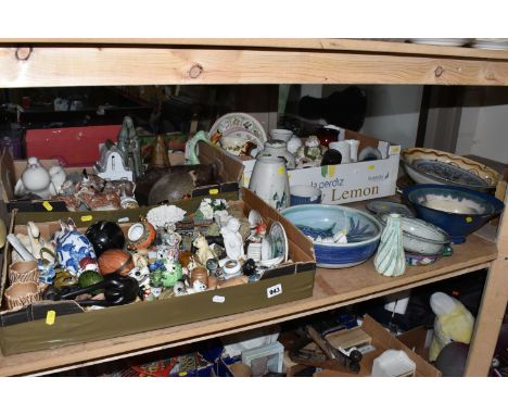 THREE BOXES AND LOOSE STUDIO POTTERY AND ORNAMENTS, to include a Cornish Country Lane Pottery dish decorated with three blue 