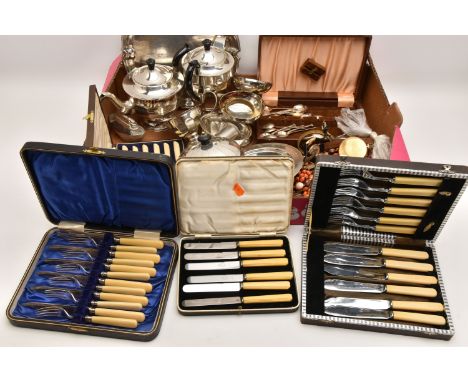 A BOX OF ASSORTED ITEMS, to include EPNS teapot, coffee pot, sugar bowl, milk jug, salver, tray, boxed sets of fish eaters, t