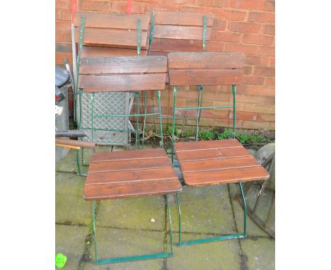 A SET OF FOUR FOLDING GARDEN CHAIRS, with wrought iron frames and slatted wooden seats and backs, along with a Jobezer foldin