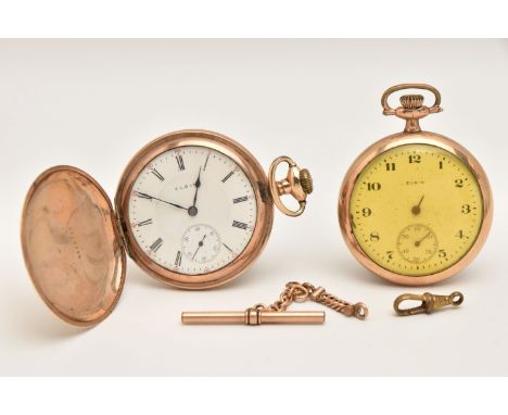 TWO ROLLED GOLD POCKET WATCHES, the first a manual wind, full hunter 'Elgin' pocket watch, round white Roman numeral dial, st