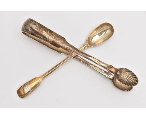 A PAIR OF SILVER SUGAR TONGS AND A SAUCE SPOON, fiddle pattern with shell bowls, hallmarked 'Adam Elde' Edinburgh 1826, a fid