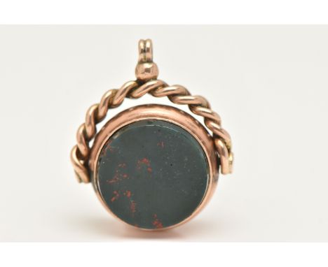 A 9CT GOLD SWIVEL FOB, of a circular form, set with a polished carnelian and bloodstone inlay, hallmarked 9ct Birmingham, fit
