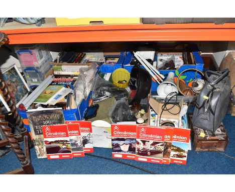 FIVE BOXES AND LOOSE MISCELLANEOUS ITEMS to include a white Anglepoise lamp (untested, some scratches, dusty), a side table h