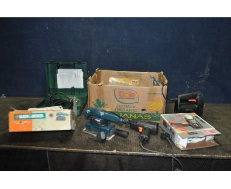 A TRAY CONTAINING POWER TOOLS, including a Black and Decker heat gun in original box (appears unused), a Bosch PSB600res dril