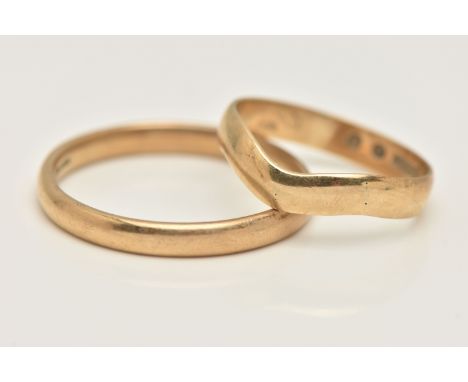 TWO POLISHED BAND RINGS, the first hallmarked 9ct Birmingham, ring size V 1/2, approximate gross weight 3.1 grams, the second