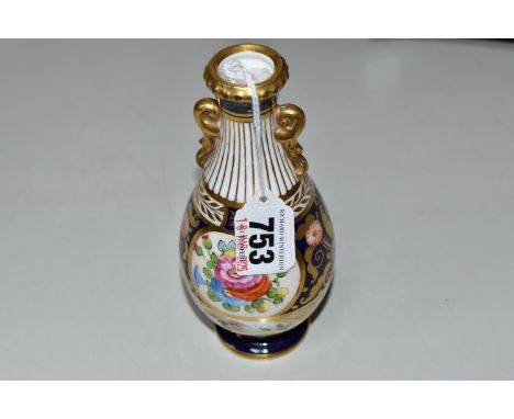 A CROWN STAFFORDSHIRE TWIN HANDLED VASE, of footed ovoid form, painted with sprays of flowers with gilt decoration, printed g