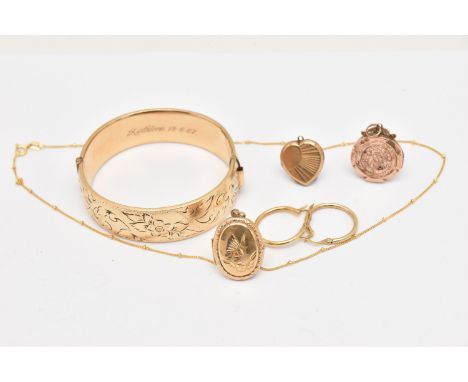 FIVE ITEMS OF JEWELLERY, to include a wide hinged bangle stamped 1/5 9ct RG, engraved 'Kathleen 18.6.67', an AF 9ct back &amp